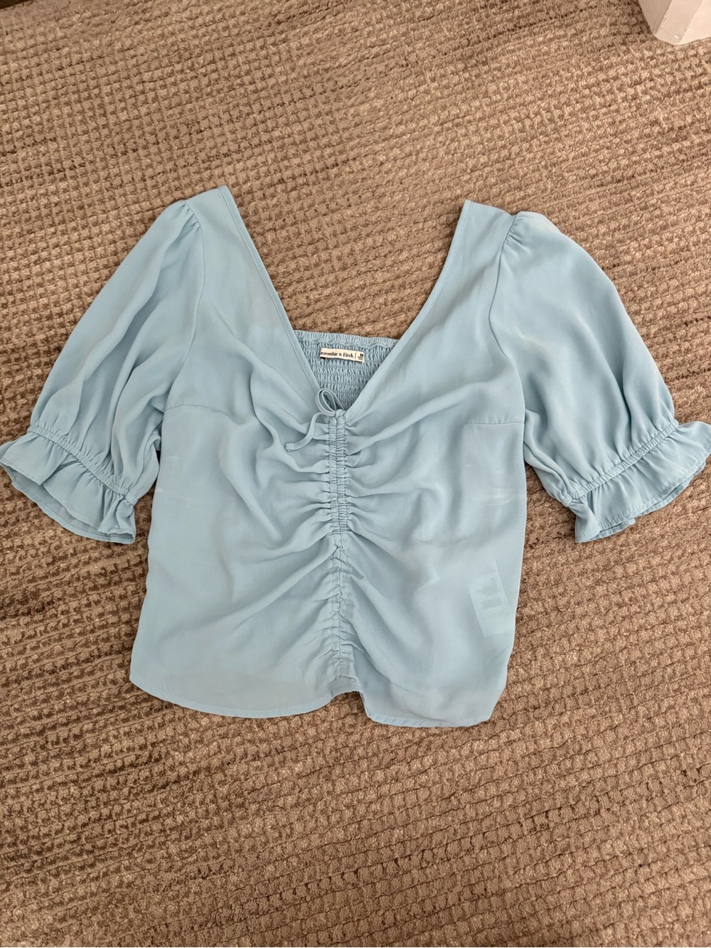 Abercrombie & Fitch Dusty Blue Ruched Tie-Front Puff Sleeve Blouse